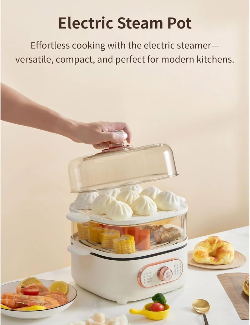 Wisoqu Two Tier Food Steamer, 1200W Electric Hot Pot with Steaming Plate, Mini Hot Pot for Fast Simultaneous Cooking, 10.5L Stackable Multipurpose Cooker for Soup Noodles Oatmeal (PP+pc - Image 2